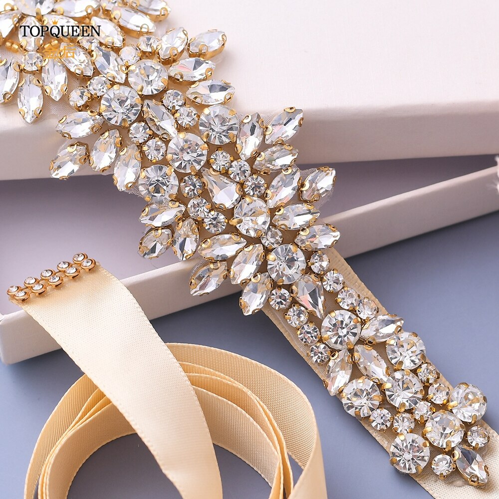 TOPQUEEN-cinturones para vestidos de novia de talla grande S319-G, cinturones dorados para mujer, cinturón de diamantes de imitación, cinta de lujo para novia, faja de boda