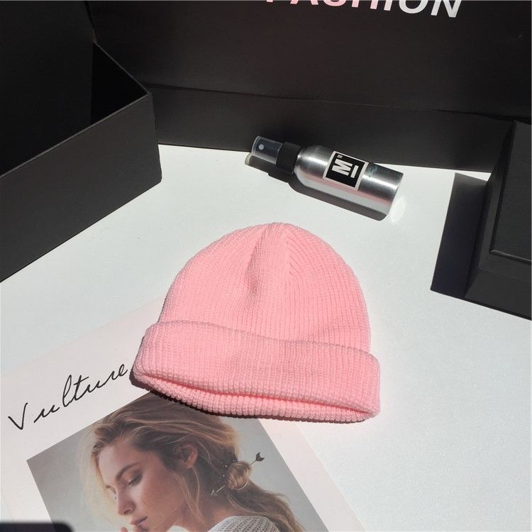 Gorro de lana de punto cálido de Color sólido de invierno y otoño para hombre y mujer, gorro con puños fluorescentes, gorro femenino, gorro cálido, gorro informal: Pink