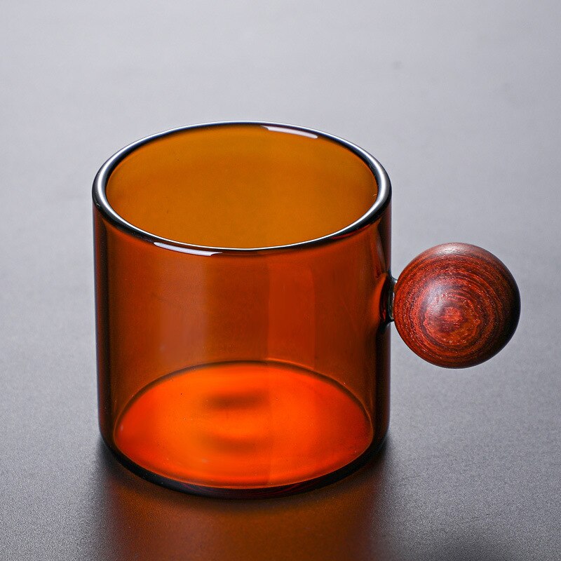 120ml Stained Glass Coffee Cup Water Cup Glass Tea Cup Milk Cup Round Ball Wooden Handle: Amber