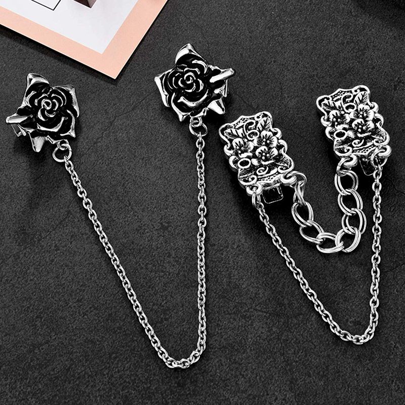 ! 2 piezas antiguo suéter plateado pinzas para chal Cardigan Clip de vestidos cuello de flores Clip con cadena para mujeres niñas, Styl