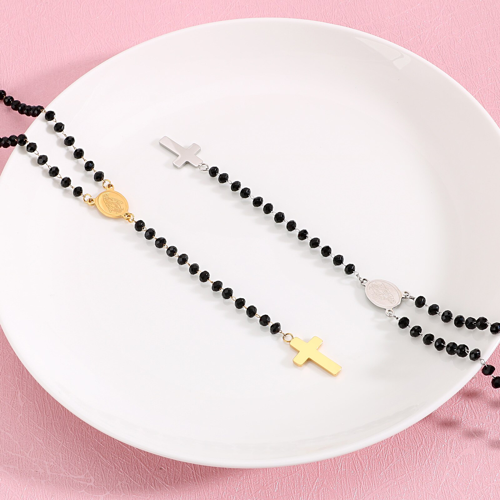 Religious link pearl necklace for women stainless steel cross virgin mary enamel necklace jewelry 60cm(23 ”) long , 1 pc
