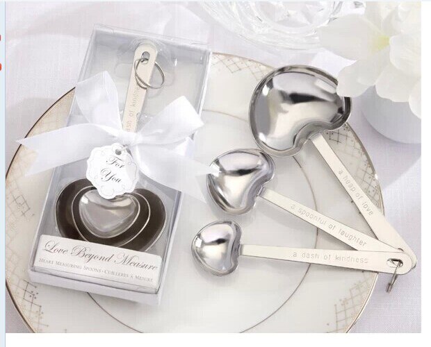 Cuchara medidora de acero inoxidable en forma de corazón, caja de blanca, recuerdos de boda, simple y , 10 juegos por lote,