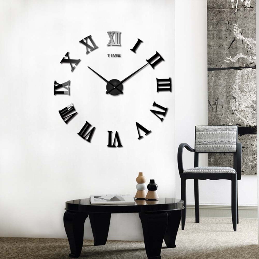 Foreign Trade Best-selling Oversized Wall Clock Acrylic Mirror Surface Oversized Wall Clock Digital Oversized Wall Clock 3D Thre: Black