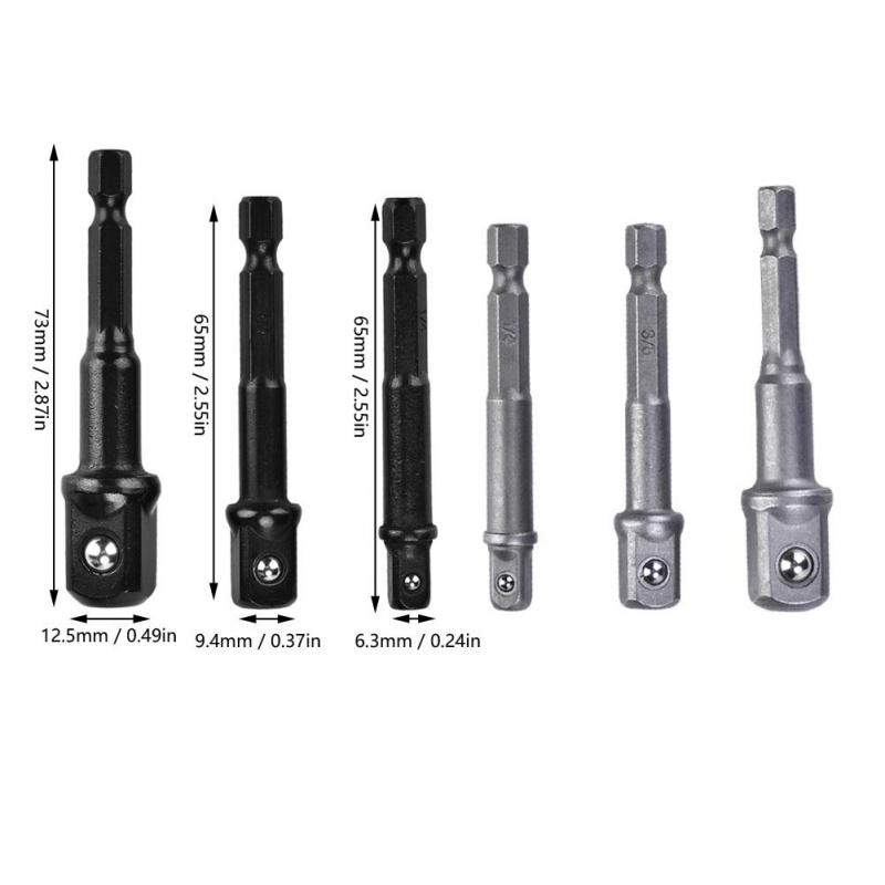 3Pcs Socket Adapter 1/4 inch Hex Shank to 1/4 3/8 1/2 Square Head Drill Bit Driver Black Silver Optional