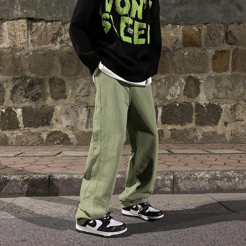 Grøn/lilla baggy jeans mænd afslappet retro wide leg jeans mænd streetwear løs hip hop straight denim bukser herre bukser: Lysegrøn / L