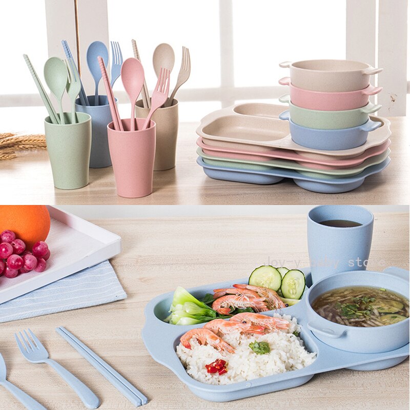 6 Stks/set Baby Mooie Kom Tarwe Materiaal Kinderen Sectionele Diner Plaat Tarwe Stro Materiaal Kom Servies Set Plastic Effen
