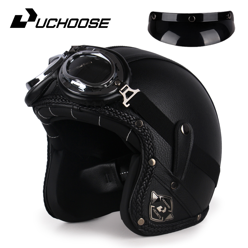 UCHOOSE retro Motorradhelm PU Leder offen Gesicht 3/4 Zerhacker Fahrradhelme klassisch Casco Moto Jahrgang