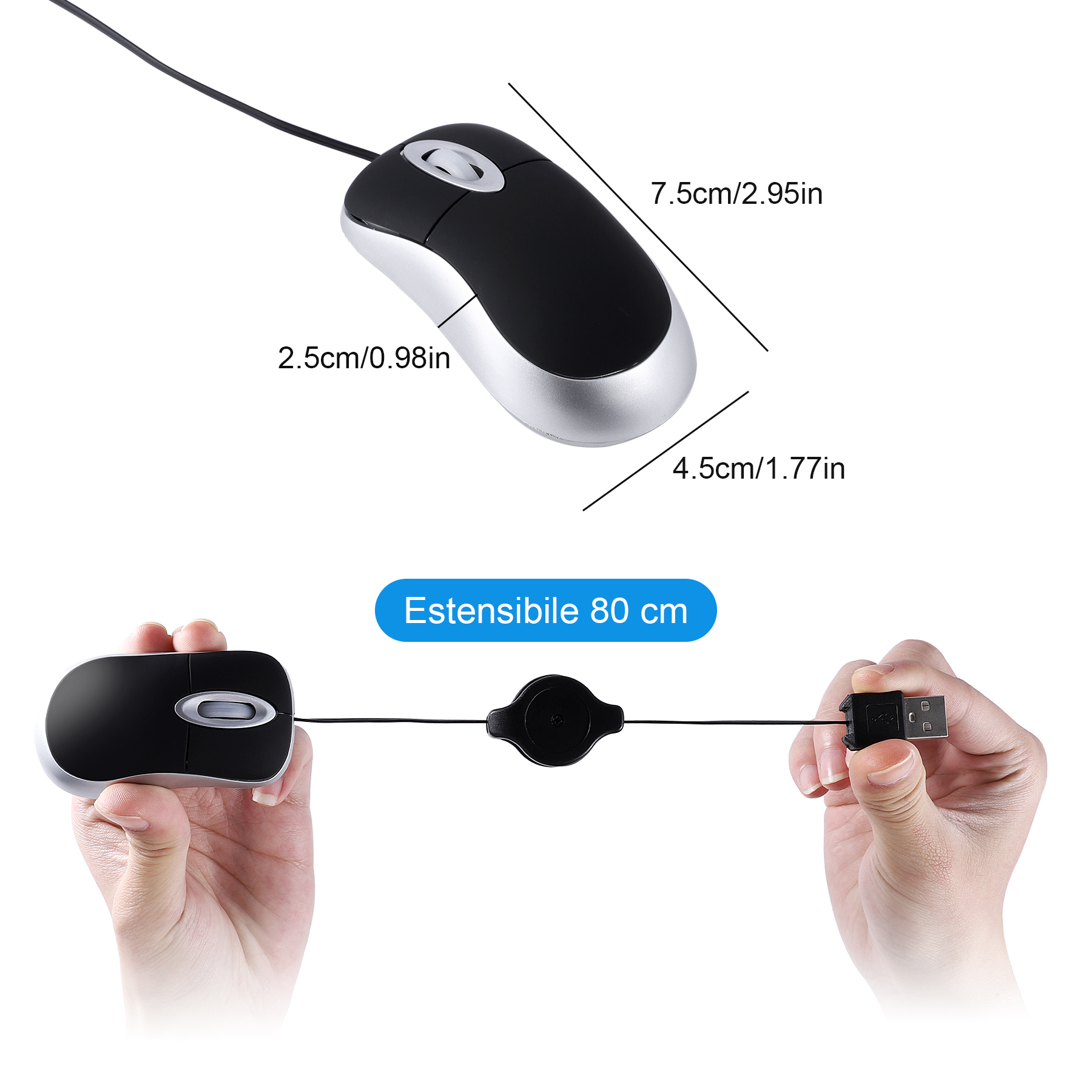 Komputerowa mysz z 3 przyciskami Mini przewodowa mała ręka Wysuwany kabel USB Regulowana skalowalna mysz do gier Office Kids
