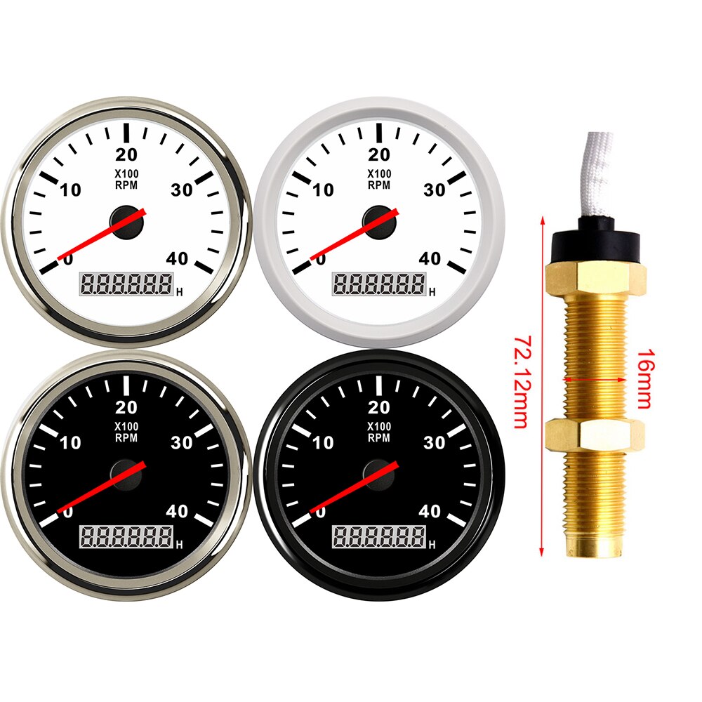 85mm Gauge Car Boat M16/M18 Tacho Sensor Marine Tacho Meter with LCD Hourmeter 4000 RPM Boat Tachometer 12V/24V Red Backlight