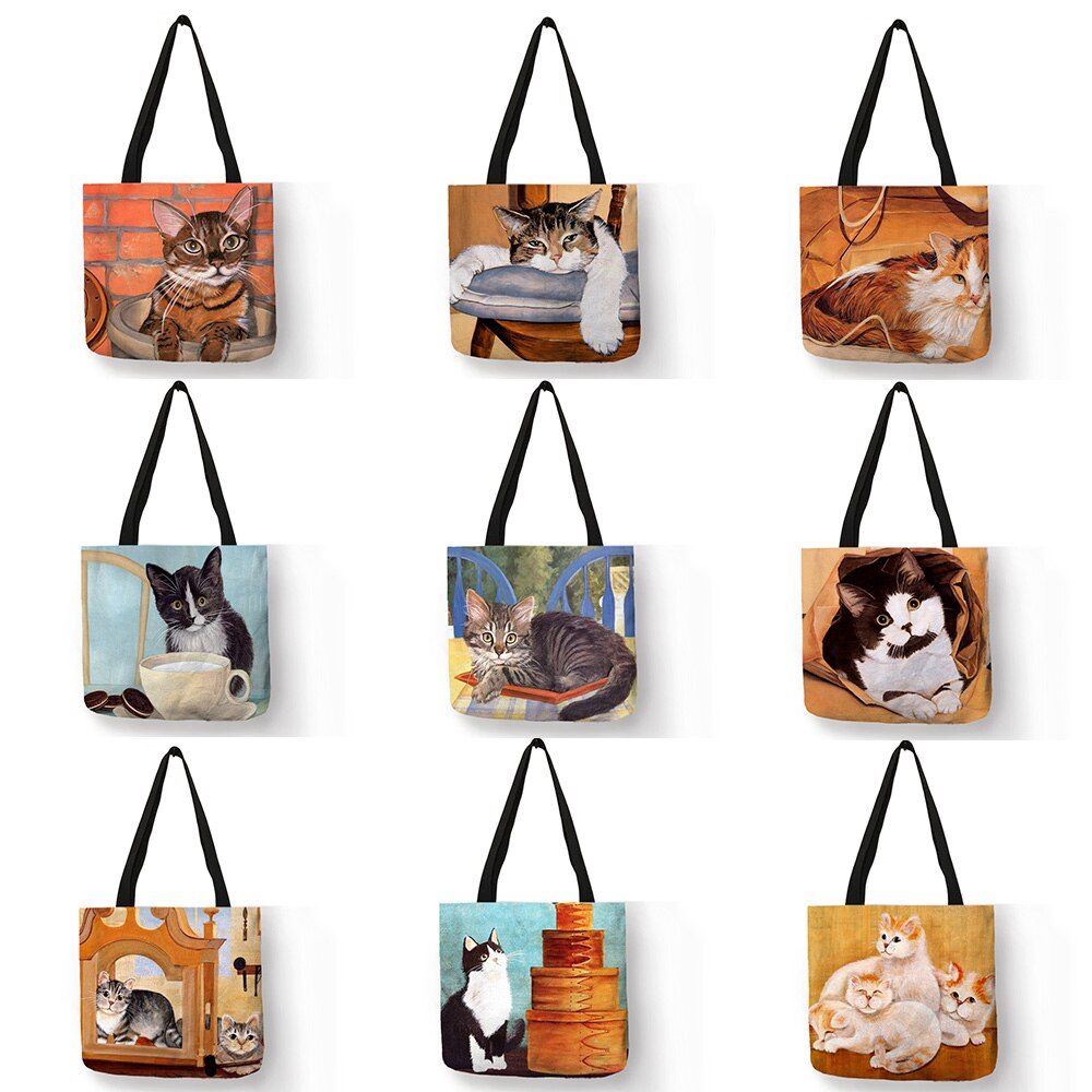 Eco Linnen Herbruikbare Boodschappentas Met Olie Kat Schilderen Vrouwen Mode Tote Bag Handtassen Student Reizen Schooltassen