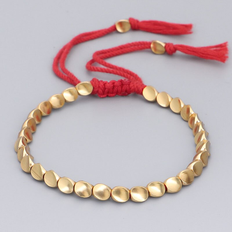 Pulseira tibetana feita à mão de cobre com miçangas, para mulheres, corda ajustável, pulseiras masculinas, cor dourada trançada, boho, joia vintage, presente: RED