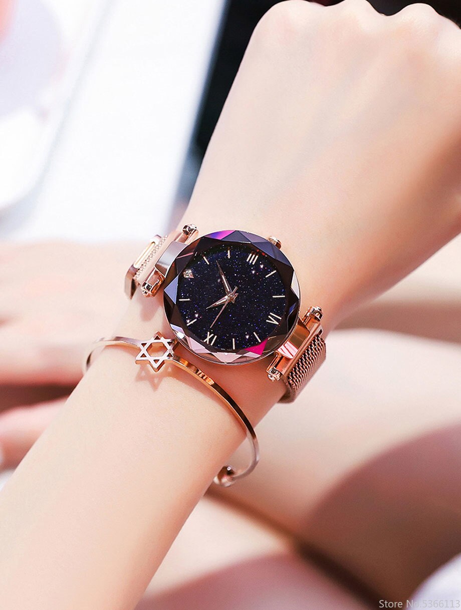 ciel étoilé chiffre romain horloge femmes montres aimant boucle Vibrato violet dames montre-bracelet