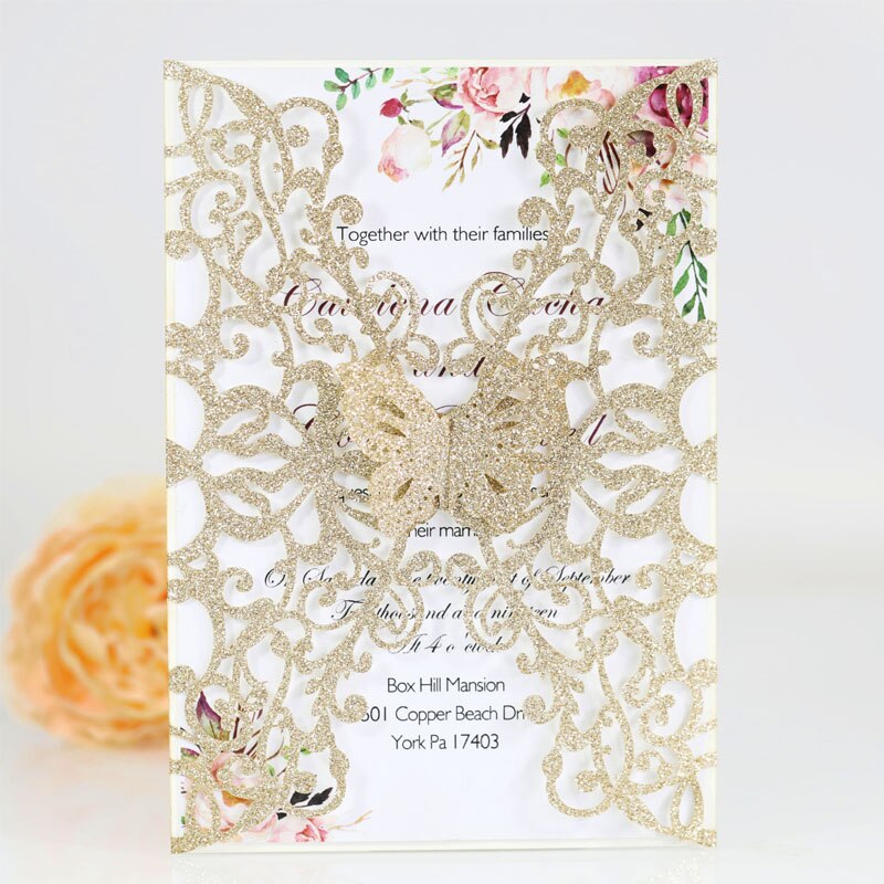 10/20 stücke Glitter Schmetterling Einladung Karte Hochzeit Engagement Geburtstag Baby Dusche Taufe Party Dekoration Favor Supplies: Champagne Gold / 20pcs