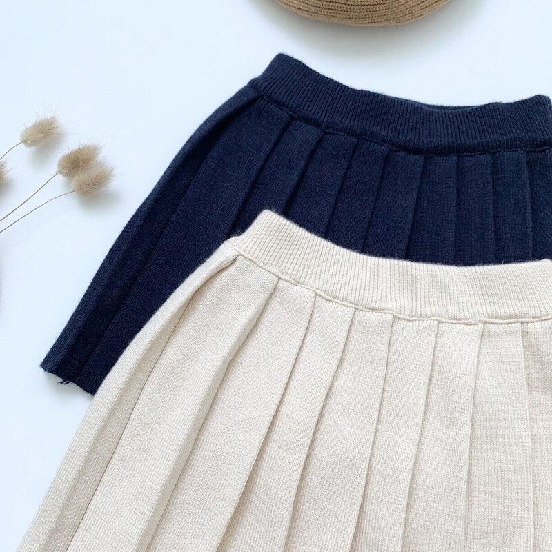 2022 Spring Kid Girl Skirts Covering Yarn Dark Blue Apricot A-line Mini Pleated Skirt Student Style Children Clothes E216