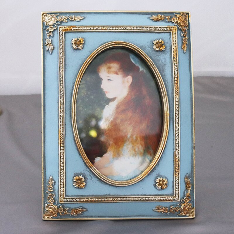 European Style Retro Gold and Blue Carved 6 Square 4 Inch Photo Frame Set Up French Light Luxury Resin Framed Wall Art: 6 Inch