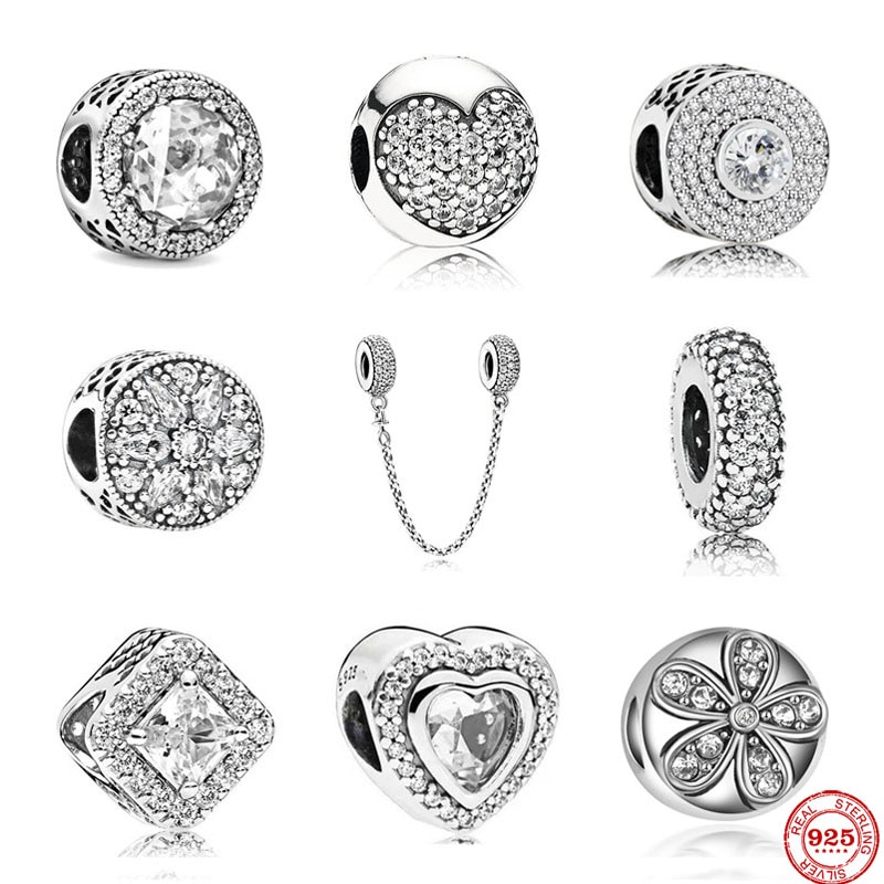 Europäischer, komplett weißer pavé-Abstandshalter-Clip mit gänseblümchenherzen, diy-feinperlen, passend für Original-Reize, silber, 925er -armbandschmuck