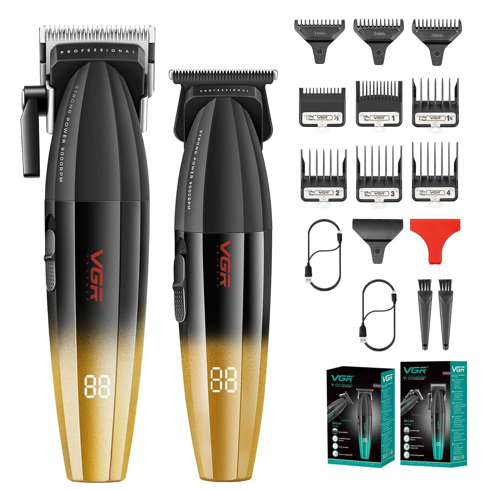 Vgr 003 906 profissional fade máquina de cortar cabelo sem fio aparadores para homens conjunto carga usb display led kit corte cabelo