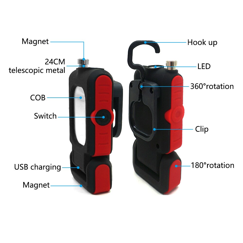 Aukelly usb oppladbar led arbeidslys magnetisk stativ krok garasje cob lampe bilreparasjonslommelykt med pick up tool magnet
