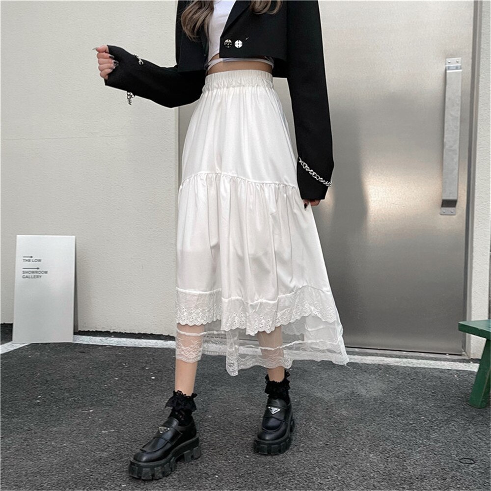 Jupe longue plissée noire et blanche pour femmes, Streetwear, couleur unie, décontractée, ample, élastique, taille haute, volants, doux