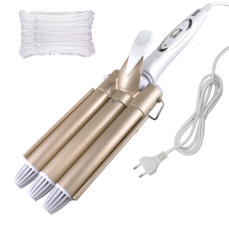 EllMEI-Fer à friser électrique en céramique, outils de bigoudi, coiffeur à triple baril: YELLOW