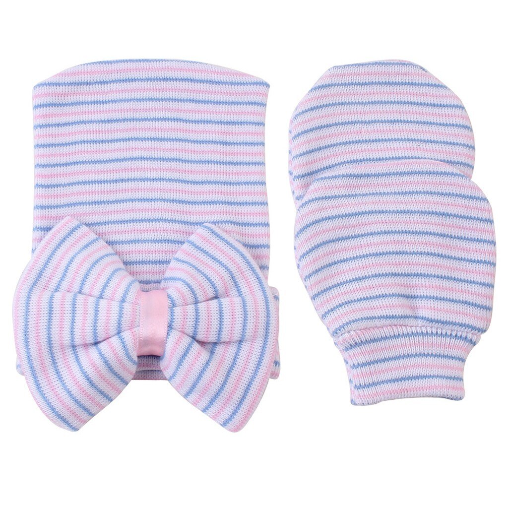 2pcs Boys Winter Hat Glove Newborn Bowknot Stripe Hat Baby Cotton Blend Beanies With 1pair Safety Gloves Теплая Шапка На Девочку: D