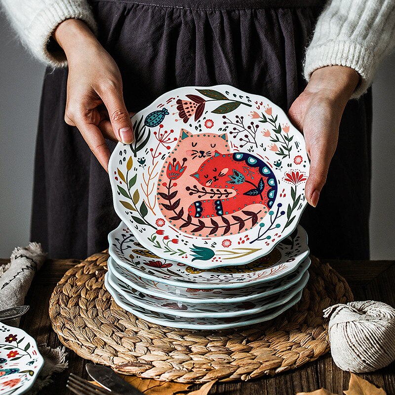 Plato de cerámica con dibujos animados de gato pintado a mano, vajilla nórdica creativa de 8 pulgadas, para postre esmaltado, microondas, para aperitivos y carne