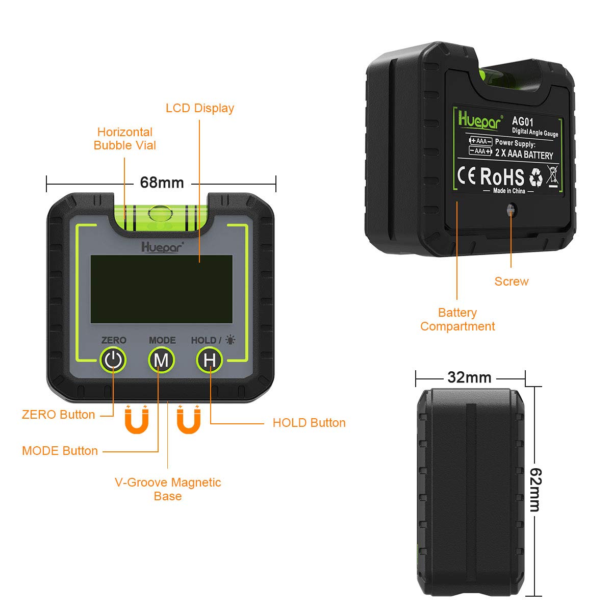 Huepar Digitale Inclinometer Level Box Gauge Hoek Meter Finder Elektronische Gradenboog Backlight Lcd Bevel Gauge Meetinstrumenten