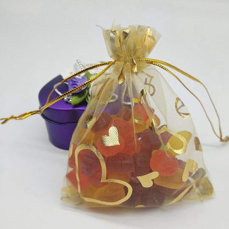 100Pcs 9X12 Cm Sheer Trekkoord Hart Organza Sieraden Pouches Wedding Party Kerst Favor Bags (Goud)