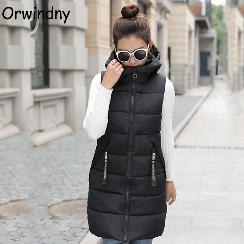 Orwindny-Chaleco largo negro liso para mujer, Chaqueta de algodón acolchada, cálida, sin mangas, informal, talla grande, S-3XL, Otoño e Invierno