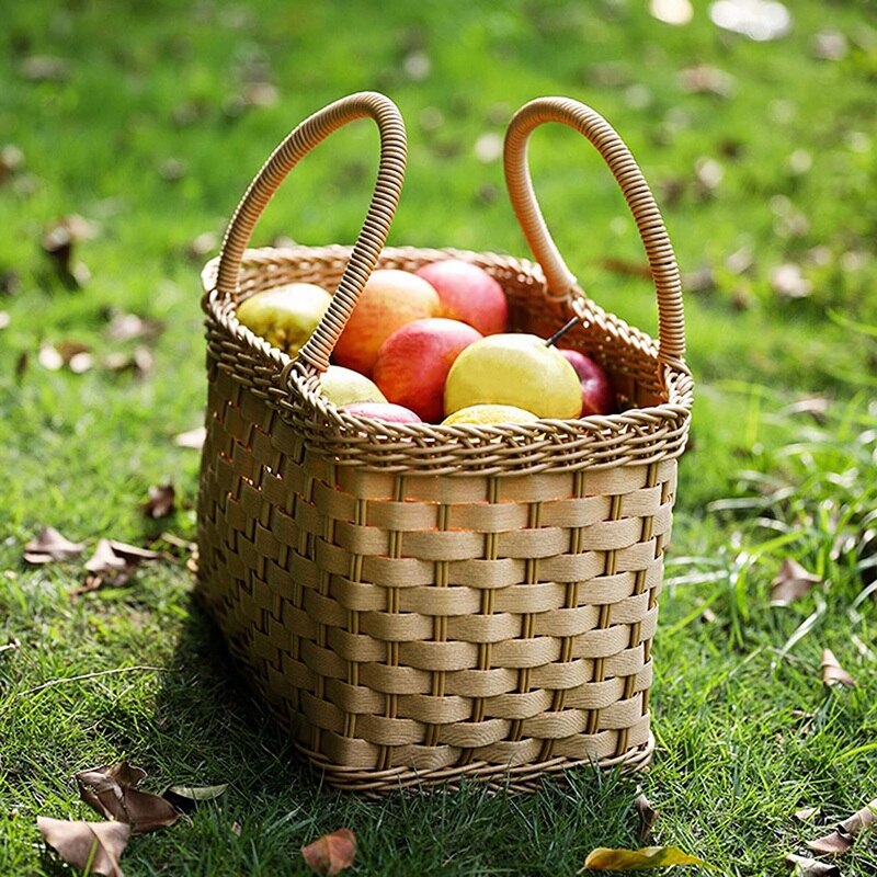 Imitated Rattan Wicker Handmade Shopping Basket, Large-Capacity Portable Flower Fruit Basket Picnic Bread Basket