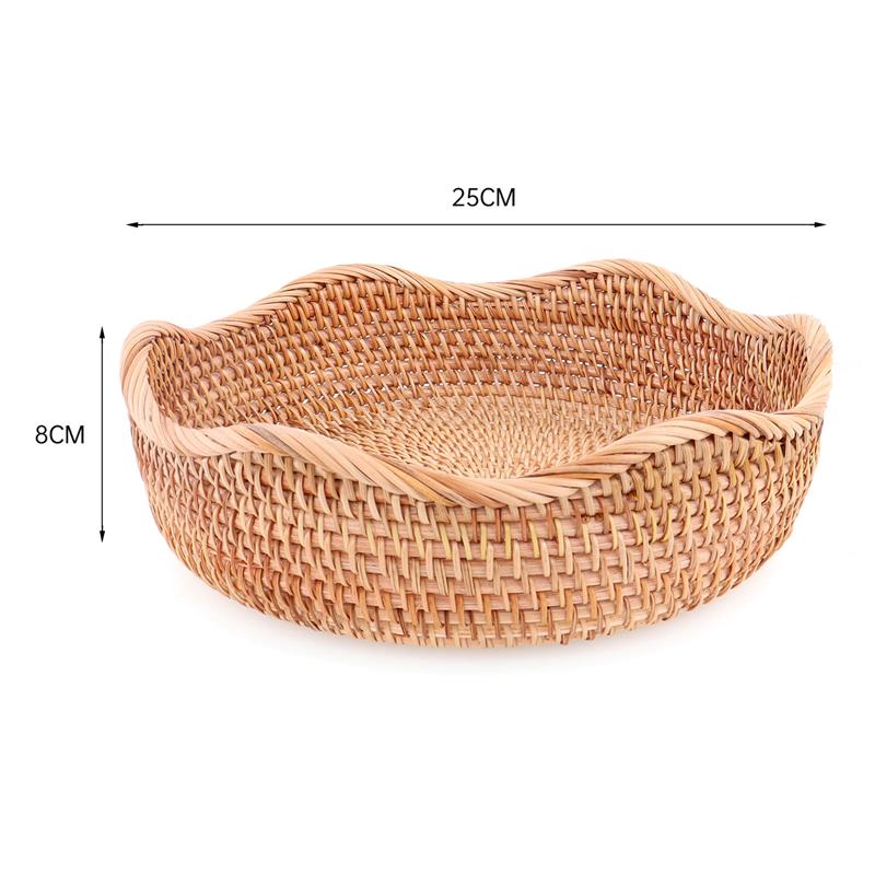 Cesta de tejido de fibra vegetal, cesta de ratán redonda, rectangular, ovalada, para almacenamiento de frutas, pan, aperitivos, cocina, organizador de decoración del hogar: Round-Medium