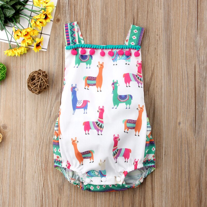 Newly Lovely Causal Summer Romper Toddler Baby Girls Boys Alpaca Cartoon Print Sleeveless O-Neck Tassel Romper 0-24M