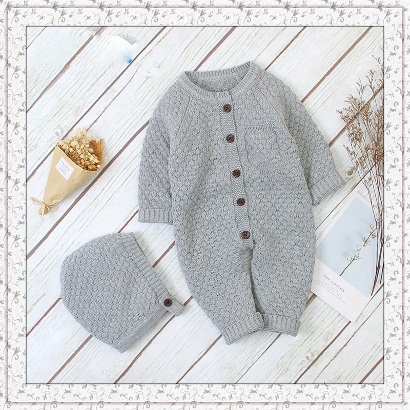 Kin Tted Truien Winter Soild Warm Romper + Cap 2 Stuks Jongen Meisje Baby Trui Volledige Mouw Kinderen Truien Jas kerst Kleding