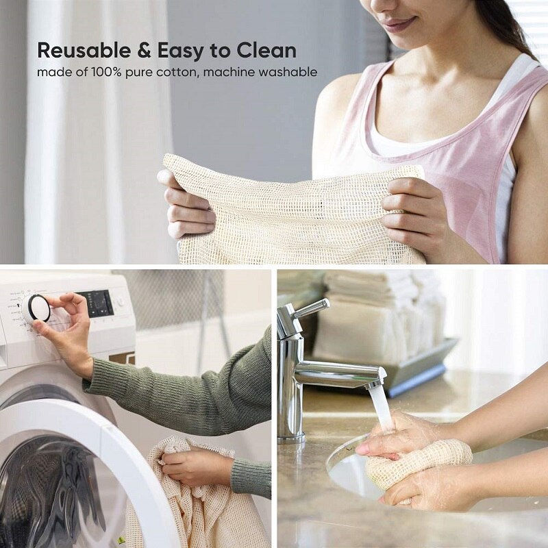 Reusable Organic Cotton Produce Bags Cotton Mesh Bags Biodegradable Eco-Friendly Shopping Storage Bag for Fruit, Vegetable, Toys