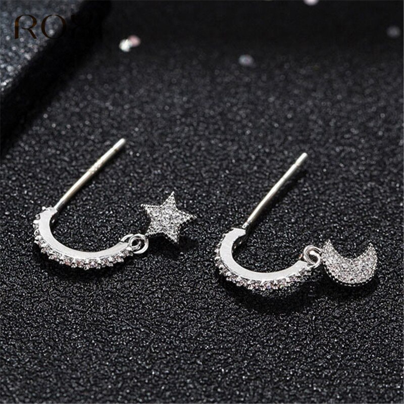ROXI 925 Sterling Silver CZ Crystal Star Moon Stud Earrings for Women Korean Style Asymmetric Earrings Christmas Jewelry: Default Title