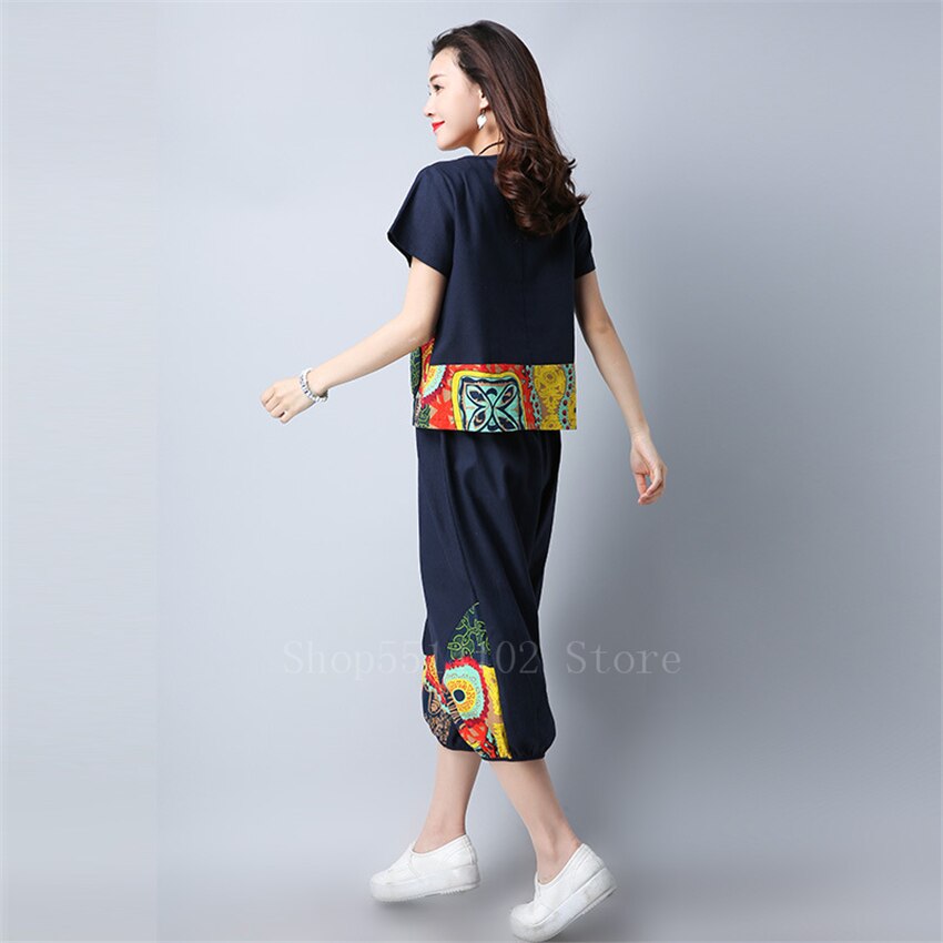 Nationale Stijl Vintage Tang Pak Vrouwen Print Korte Mouw Gesp Top Katoen Losse Broek Chinese Felame Zomer Outsuit