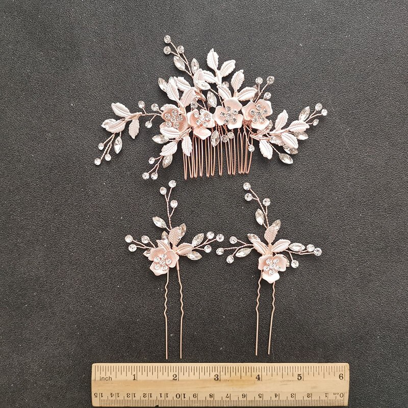 Slbridal handgemaakte oostenrijkse kristal bruids haarspeldjes haarspeldjes haarspeldjes bruidsmeisjes sieradensets: Roségouden kammenset