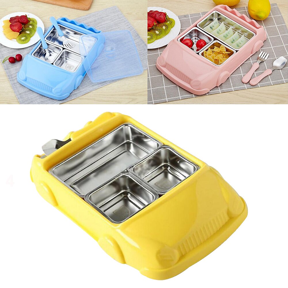 Fiambrera para niños con dibujos animados de fibra de bambú, modelo de coche, fiambrera con compartimiento , contenedor de comida para niños, 3 rejillas