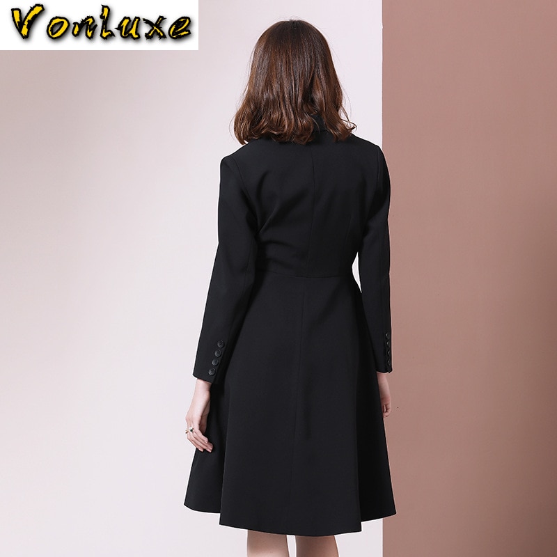 Vestido Blazer de manga larga para mujer, Otoño Invierno , chaqueta, abrigo, vestidos ajustados, largo hasta la rodilla, color negro, para oficina