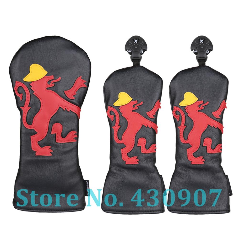 3 stuks zwart pu-leer met leeuwenprint voor golfclubs, driver, fairwayhout, golf  #1 #3 #5- houten headcover