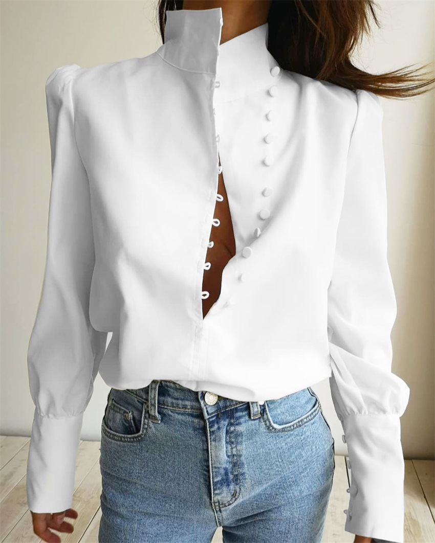Blusa de cuello alto para mujer, camisa blanca de manga larga para oficina, Top informal liso con manga abombada, 2022: White / S