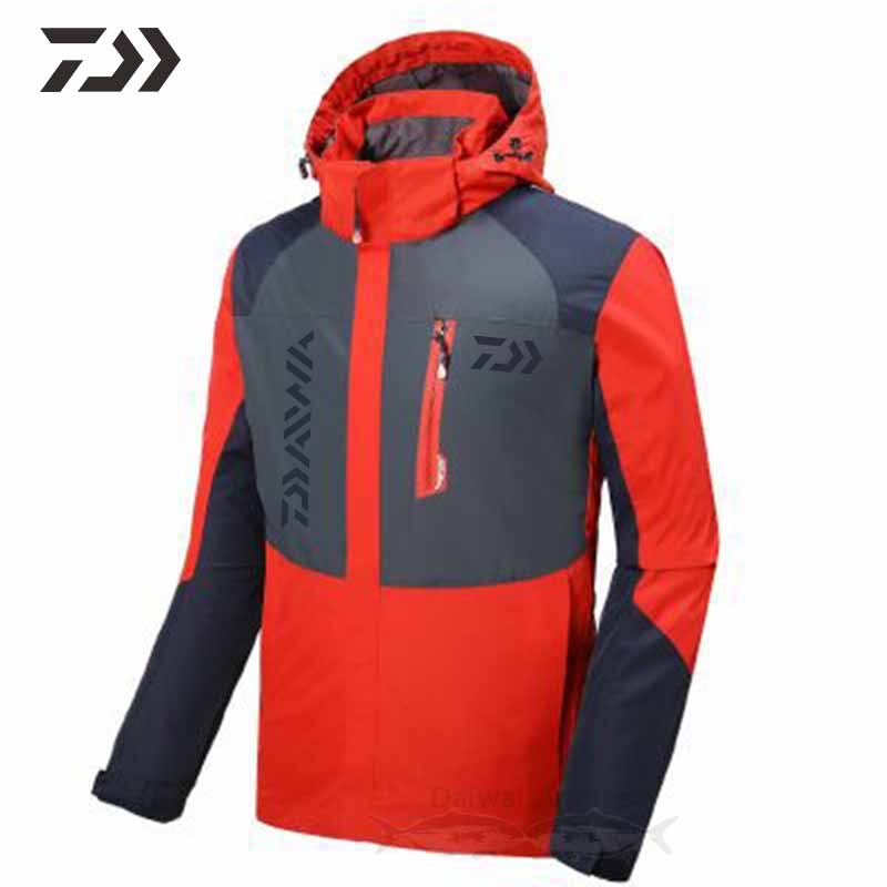 Ropa de pesca transpirable para hombre, chaqueta de pesca impermeable, transpirable, con capucha, multibolsillo, para acampar al aire libre: RED / XXL