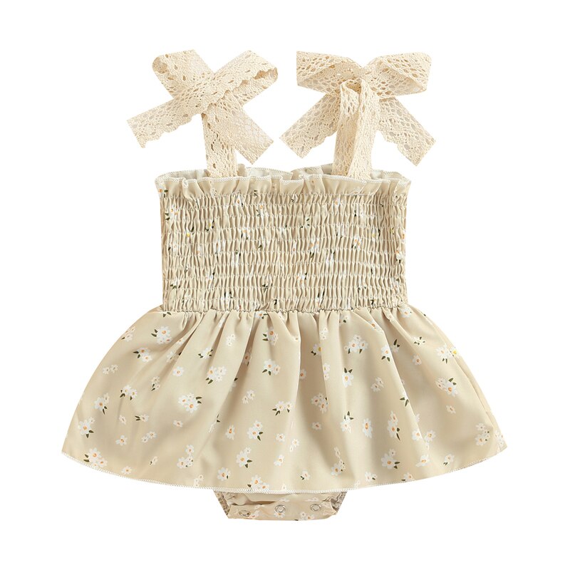 Prinsesse sommer baby piger blomstret romper ærmeløs firkantet hals a-foret højtaljet småbørn spædbørn elastisk bodysuit kjole: Beige / 6m