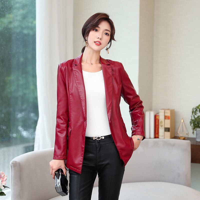 M-3XL Plus Size Women Leather Jackets Solid Turn Collar Slim Single Button Leather Jackets For Women: Red / XL