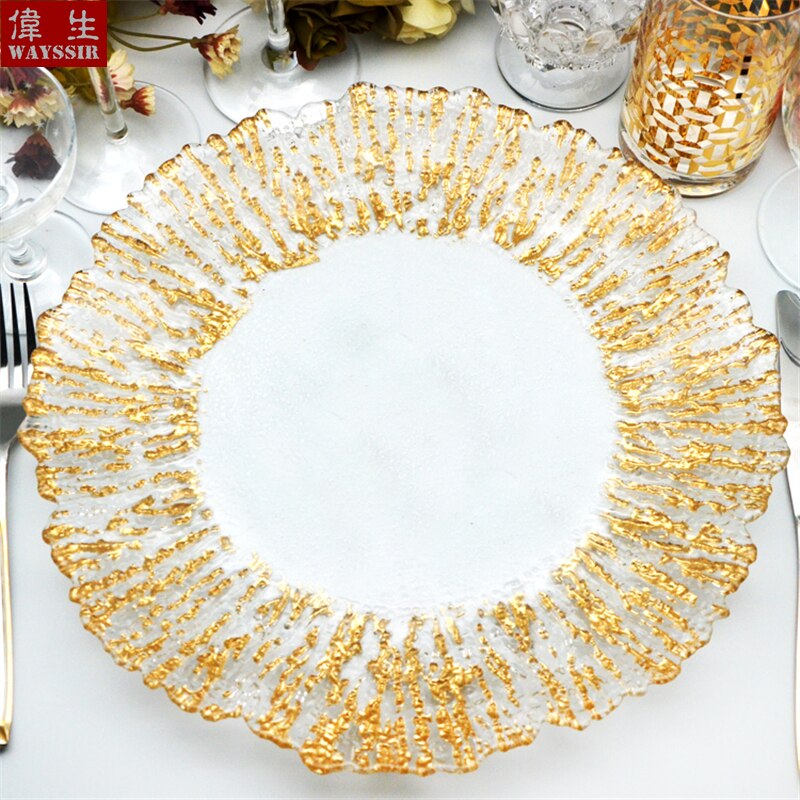 Dia34 cm Flower Shaped Silver Gold Rim Transparent Glass Charger Plate Wedding Party Decoration Events Tableware Tray Show Plate