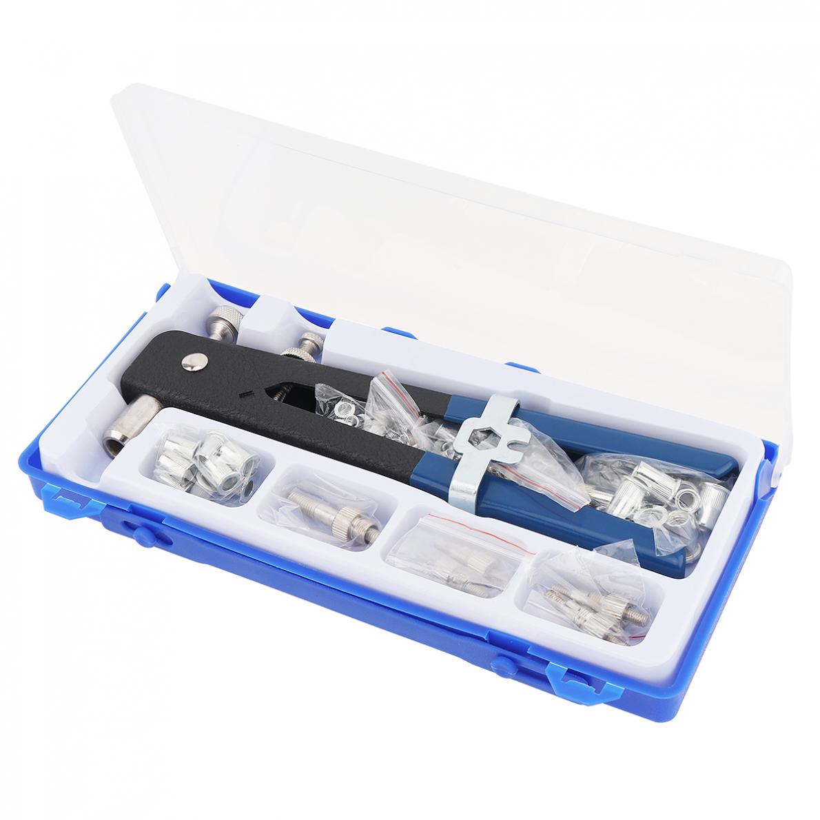 106 pcs/lot en alliage d'aluminium manuel tirer Rivet pistolet ensemble d'outils avec 10 types d'écrous à rivets et boîte en plastique pour la décoration de meubles