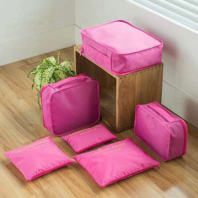 18 6 stks/set Vrouwen Bagage Reistas Dubbele Rits Waterdichte Polyester Organizer Verpakking Bag Cube Tassen: rose red