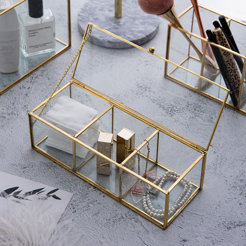 Klassisk europæisk glas makeup organizer med gylden dækket kant badeværelse makeup organizer make up produkter kosmetisk organizer