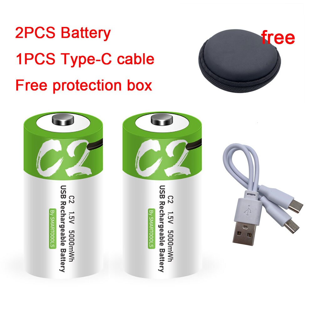 C Size 1.5V 5000mWh Rechargeable Battery Universal Micro USB Charging Batteries Charged Lipo Lithium Polymer Battery: 2PCS C2 1cable box