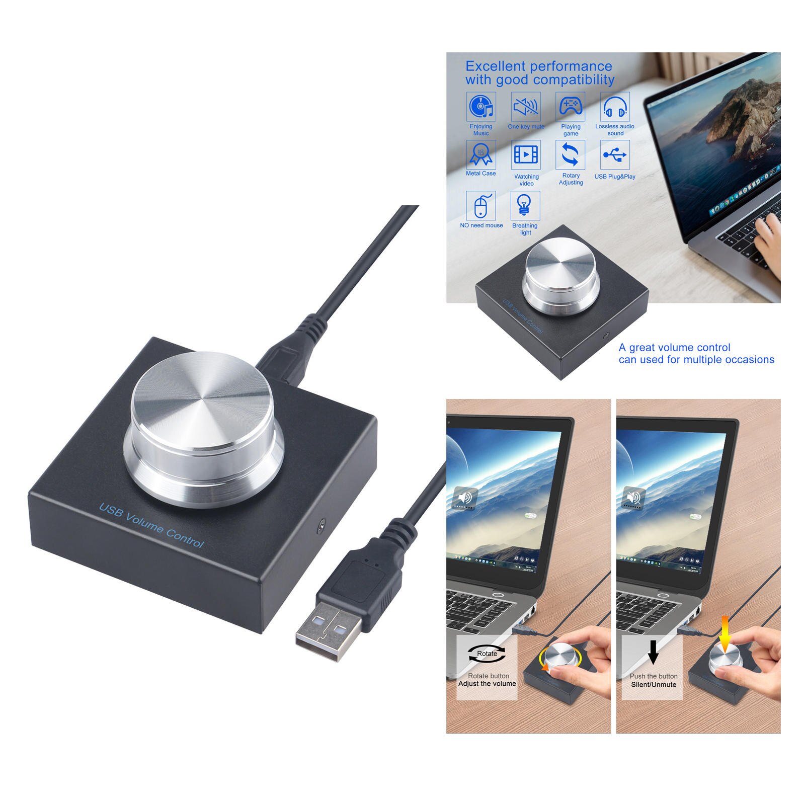 Usb Volume Control, Lossless Pc Computer Speaker Volume Controller Knob, Adjuster Digital Control With One Key Mute Functi